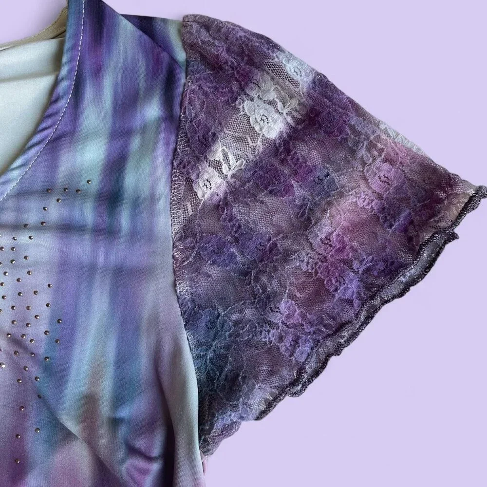 Vintage Y2K One World Top – Purple Ombre Lace Sleeves Size Medium - Picture 2 of 6
